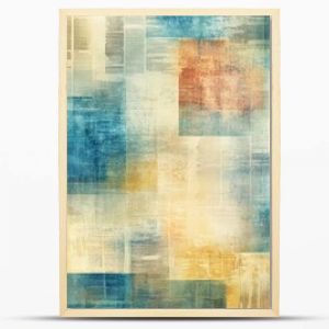 A textured abstract background featuring colorful squares and faded text.