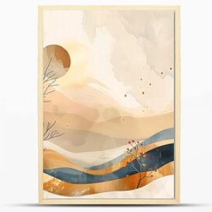 Abstract minimalist landscape painting with muted earth tones, featuring stylized trees, hills, and a sun.