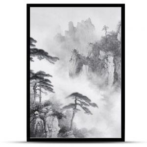 Black and white Chinese style ink style landscape painting, hand-painted national style artistic conception ink style landscape painting illustration