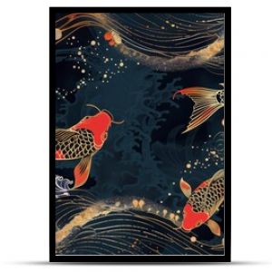 Modern illustration with Sakura flower, ocean wave, and koi carp fish in Oriental style. Japanese illustration with golden texture. Modern illustration with Sakura flower, ocean wave, and koi carp