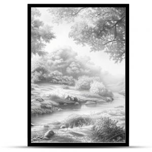 A beautiful pencil drawing of a forest with a stream running through it