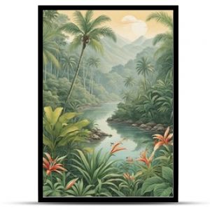 Vintage tropical botanical illustration of a lush jungle paradise