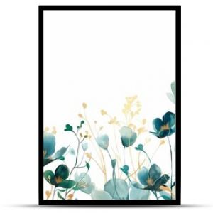 A beautiful watercolor illustration featuring abstract teal and gold flowers on a white background.