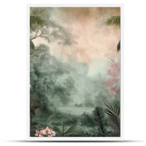 Vintage wallpaper of an exotic forest with toucans, blooming orchids and hidden streams in pastel tones. mural art style. 