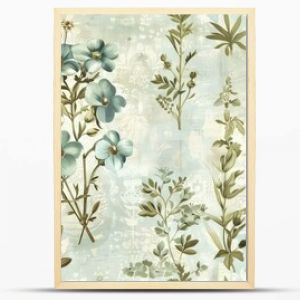 A background pattern of vintage botanical prints featuring wildflowers in muted tones of blue and green, arranged in an elegant, repeating design.