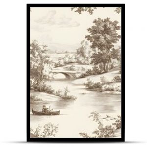 Vintage Landscape with Bridge  River  and Trees