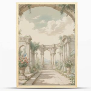 Classical Roman ruins with garden, peacock, bird, botanical tree and flower art prints wallpaper mural for living room decoration