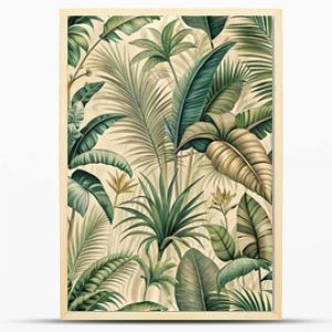 Vintage tropical jungle pattern for seamless wallpaper fabric texture tapestry background in green beige muted colors