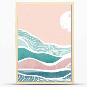 Creative minimalist modern paint and line art print. Abstract ocean wave and mountain contemporary aesthetic backgrounds landscapes. with sea, skyline, wave. vector illustrations