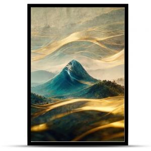 Minimalistic mountain landscape with watercolor brush in Japanese traditional style. Wallpaper with abstract art for prints or covers. 3d artwork