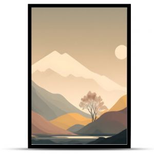 Minimalist landscape scenery wallpaper with single tree. Illustration design in 2D. Generative AI.