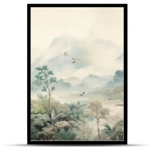 Watercolor pattern wallpaper. Painting of a jungle landscape with birds.