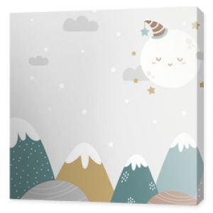 Seamless mountains and moon background in dusty pastel colors. For nursery room wallpaper, decoration, web banners, poster, etc.