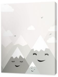 Wallpaper for a children's room with clouds and mountains. Decorative wall for the nursery. For nursery room wallpaper, decoration. Kids room.