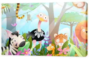 Kids animals in jungle cute friends in the wild tropical forest. Many adorable safari or zoo animals in nature. Horizontal panorama for kids and children, vector art illustration.