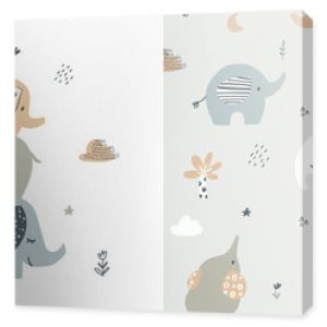 Cute elephant card and seamless pattern for baby shower decor, nursery print,  kids apparel,  wrapping paper, fabric, and textile. Vector illustration.