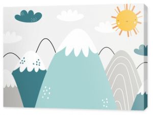 Vector children hand drawn color mountain illustration in scandinavian style. Mountain landscape, clouds and cute sun. Kids wallpaper. Mountainscape, baby room design, wall decor.