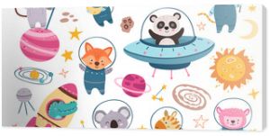 Space animals set. Panda astronaut in spaceship, cartoon animal. Dog, fox tiger in suit, crocodile in rocket explorer universe. Adventure neoteric vector set