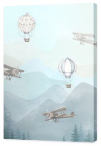 Illustration of flying planes and balloons with a blue background. Slightly misty forest and high mountains. Kids wallpaper style.