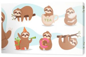 Asleep sloths. Cute baby wild sloths animals hanging branches in relaxing poses exact vector illustrations set