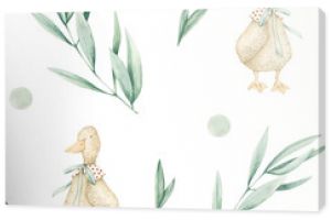 Watercolor seamless pattern with toy goose, eucalyptus, dots. Isolated on white background. Hand drawn clipart. Perfect for card, fabric, tags, invitation, printing, wrapping.