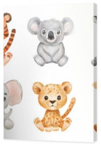 Cute portraits tiger, koala, elephant in cartoon style. Drawing african baby zebra and giraffe isolated on white background. Set of sitting Jungle animals