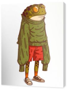A Frog Person, isolated vector illustration. Cartoon picture of a toad in an oversized long-sleeved sweatshirt. Drawn animal sticker. An anthropomorphic frog on white background. An animal character.