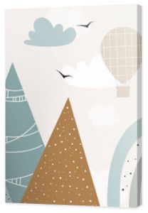 Vector hand drawn modern design of kids mountains. Mountains in doodle style. For children's wallpapers. Mountains, clouds, air balloon, sun, rainbow and birds.