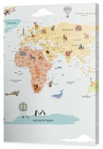 Children's map of the world with sights detailed grey