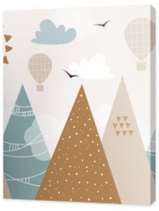 Vector hand drawn modern design of kids mountains. Mountains in doodle style. For children's wallpapers. Mountains, clouds, air balloon, sun and birds.