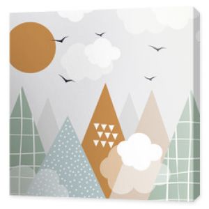 Vector. Hand drawn modern mountains in doodle style. Sun, birds, clouds and mountains. Children's landscape, wallpaper design, children's wall. 