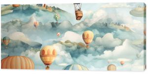 children watercolor background with seamless pattern with balloons flying in sky. Generative AI illustration