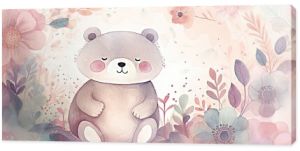 watercolor style illustration of happy baby bear in flower blossom garden, idea for home wall decor, kid room, Generative Ai