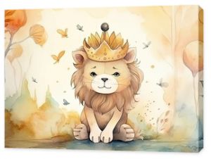 watercolor style illustration of happy lion cub in flower blossom garden, idea for home wall decor, kid room, Generative Ai