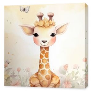 watercolor style illustration of happy baby giraffe in flower blossom garden, idea for home wall decor, kid room, Generative Ai