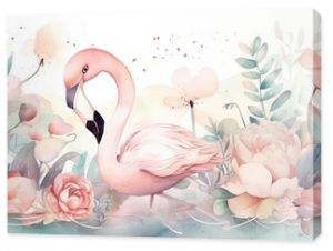 watercolor style illustration of happy flamingo in flower blossom garden, idea for home wall decor, kid room, Generative Ai