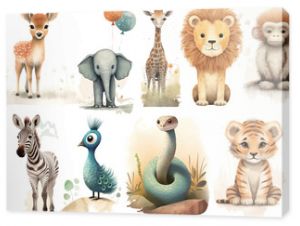 Watercolor set of Cute Baby monkey, tiger, zebra, giraffe, lion, elephant, snake, deer and peacock Safari Animals. Cartoon animal for decoration design. Cute animals vector set. Hand-drawn watercolor