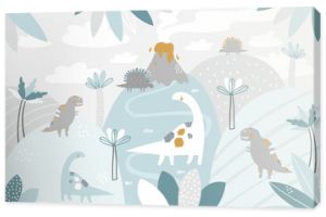 Vector children hand drawn mountain and cute dinosaurs illustration in scandinavian style. Mountain landscape, clouds. Children's tropical wallpaper. Mountainscape, children's room design, wall decor.