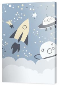 Children graphic illustration for nursery, wall, book cover, textile, cards. Interior design for kids room. Vector illustration with space theme