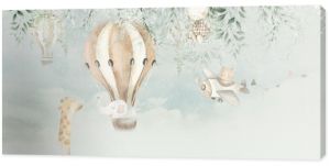 Giraffe, bunny, elephant and balloon in the clouds watercolour illustration.  Can be used as invitation card for wedding, birthday and wallpaper for kids background. 