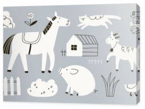Słodkie zwierzęta gospodarskie w stylu skandynawskim, bazgroły, ręcznie rysowany, wiejski koń, kawaii, krowa, owca, kurczak, zabawny kot, gęś, dziecinna rura