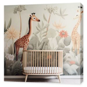 Baby nursery with crib and giraffes mural wallpaper.  Floral mural with safari giraffes.  Nursery design concept.