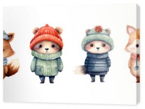 Vector set watercolor winter animals in sweater and warm hat, scarf design for new year card, merry christmas card, cute bear character isolated on white winter animals trendy cute  