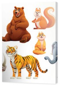 Set of animals vector cartoon illustration. Bull, bear, squirrel, lion, rhino, tiger, cat and elephant