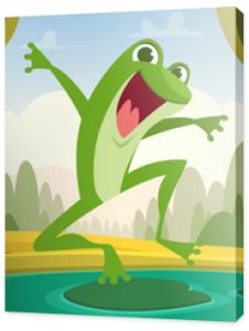 Frog jumping. happy animal frog in pond. Vector cartoon background