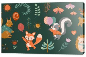 Cute forest animals with balloons. Bright vector illustration in hand-drawn style. Deer, squirrel, skunk, hedgehog and fox in cartoon flat style. Collection for postcards, banners, posters, print. Set