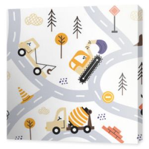 Vector set with cute cars, tractors and road equipment. Road elements, concrete mixer, excavator, crane. Set construction vehicle in Scandinavian style. Hand drawn children vector illustration.Diggers