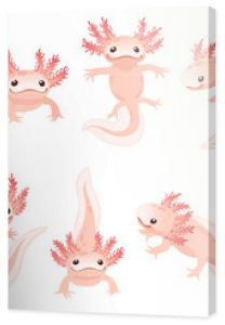 Set of cute cartoon axolotl pink color amphibian animal vector illustration isolated on white background