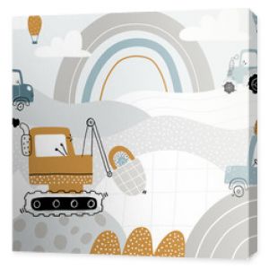 Vector children hand drawn cute construction cars, mountain landscape, balloons and clouds. Boho trendy design. Scandinavian. Illustration. Kids wallpaper design. Baby room design, wall decor, mural.