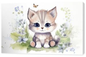 watercolor style illustration of happy cat in flower blossom garden, idea for home wall decor, kid room